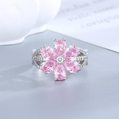 Rosafarbene Blume, funkelnder Zirkon, Verlobungsring, Ehering, 18 Karat vergoldet, Weißgold vergoldet, feiner Schmuck für Frauen