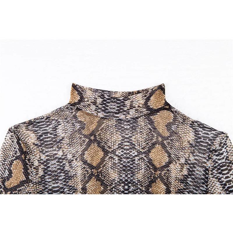 Casual Green Snake Print T Shirt Women Mesh Top Long Sleeve Transparent Snakeskin Female T-shirt High Neck Crop Tops
