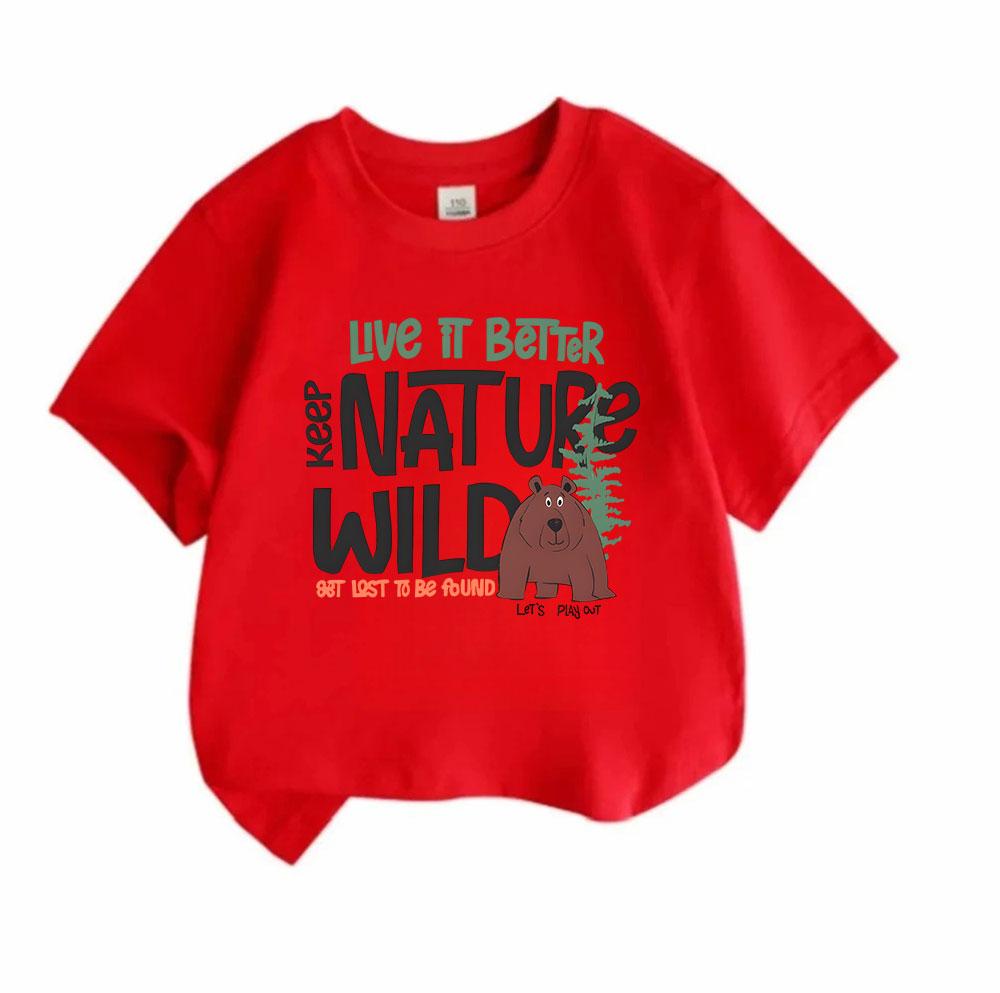 Kids Boys Girls 100% Cotton Crew Neck Short Sleeve T-Shirt, Keep Nature Wild Bear Pine Tree Print Casual Tees for Outdoor Hiking Nature Loving Childre