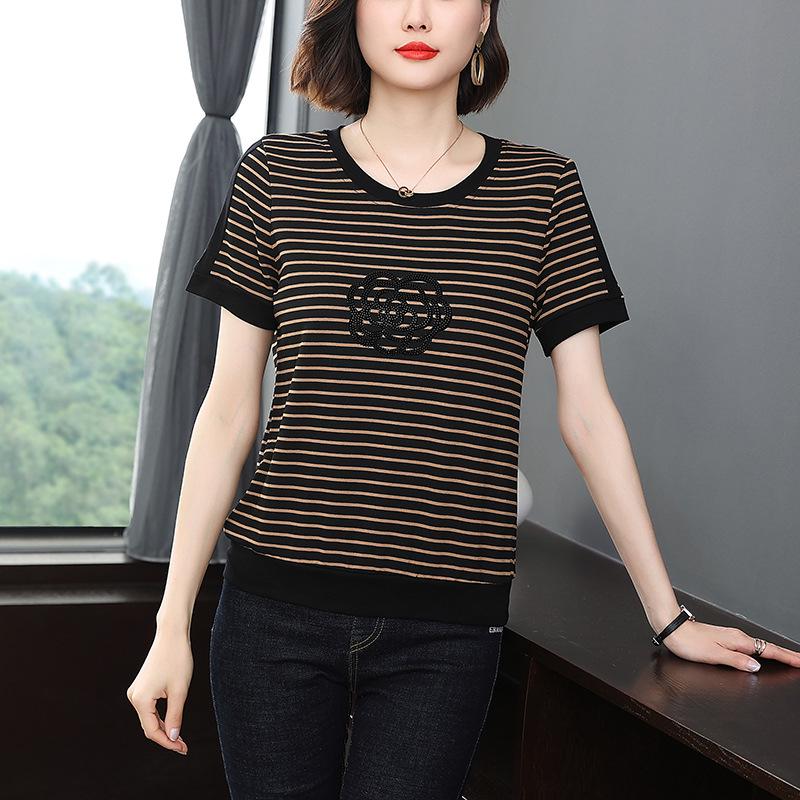 

2023 Plus Size Полосатая футболка с круглым вырезом для женщин, летний пуловер: Повседневный топ с короткими рукавами и яркими бриллиантовыми акцентами 4XL чёрный/кофейный