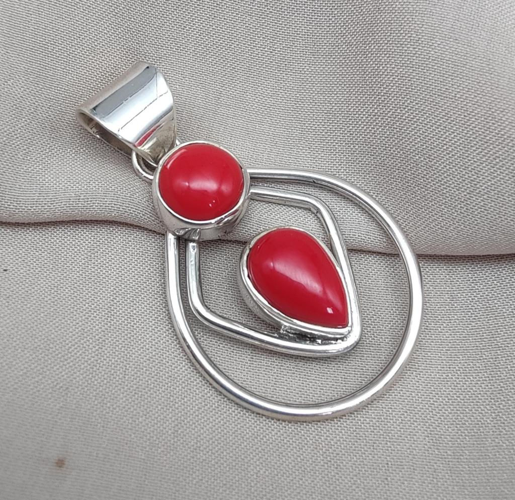 Red Coral Pendant: Two-Stone 925 Sterling Silver Boho Necklace