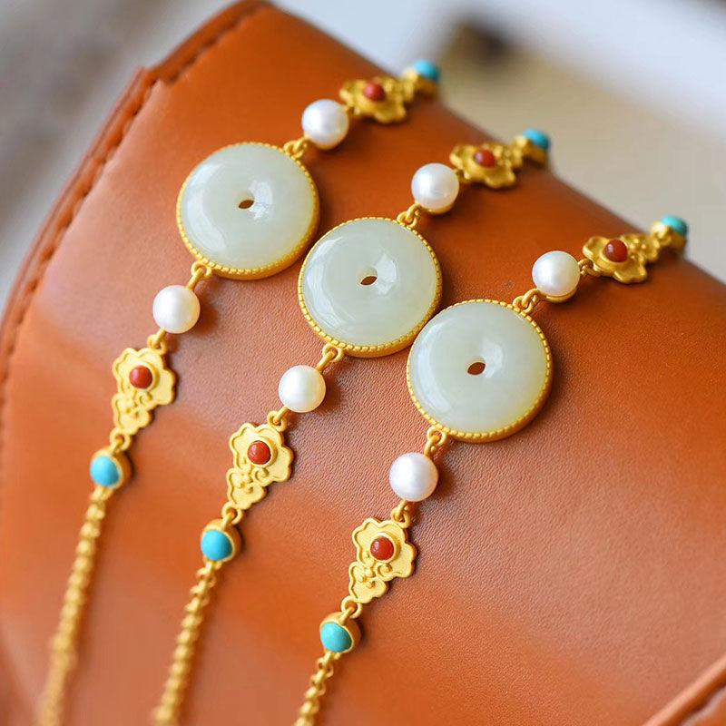 Chinese-Style Fu Lu Ping An Lucky Jade Ring Bracelet with Green Inlay