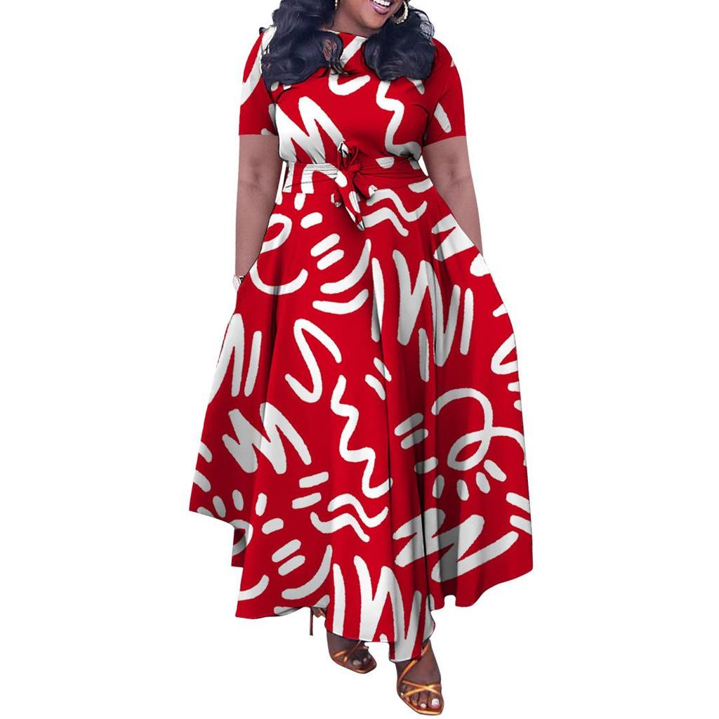 Women's Plus Size Elegant Lace-up African Long Dress - Spring/Summer 2024 Fashion