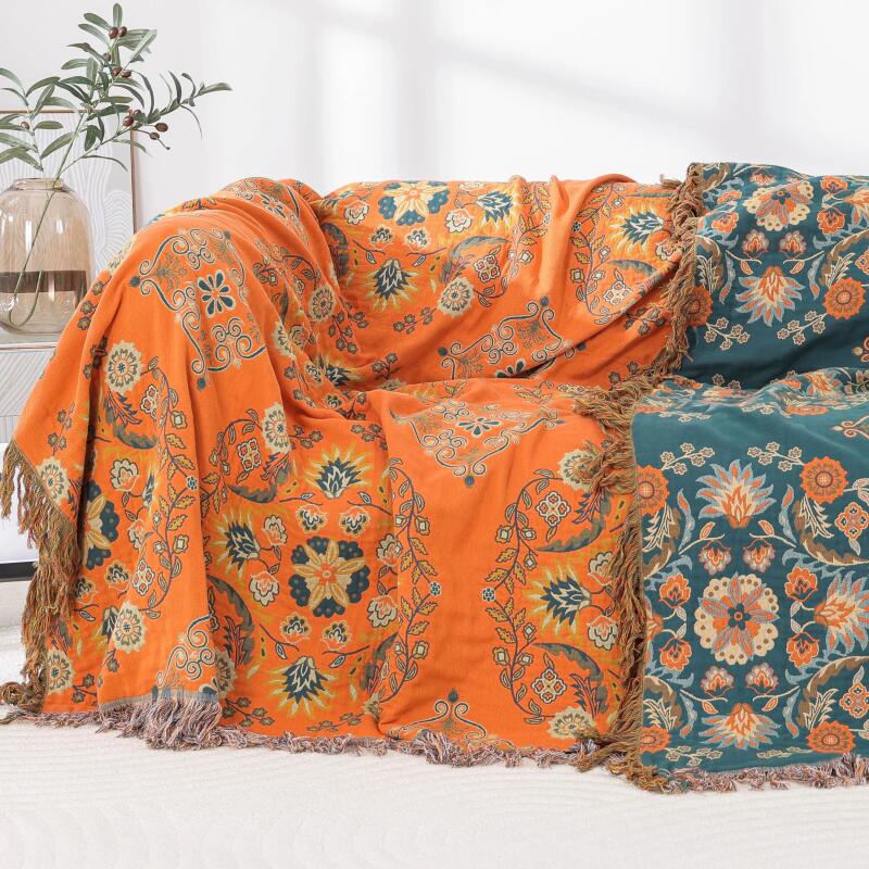 European Linen Sofa Throw with Floral Embroidery & Tassel Trim, Reversible Couch Cover Blanket for Living Room Decor - 110x210cm To 230x250cm