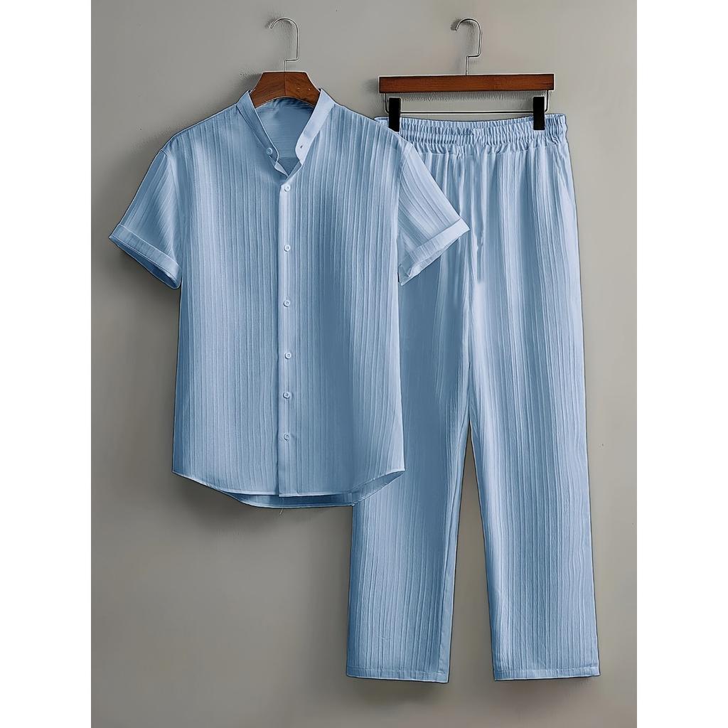 Men's Button Textured Casual Striped Short Sleeved Shirt and Elastic Straight Leg Pants Set, 2-piece Set