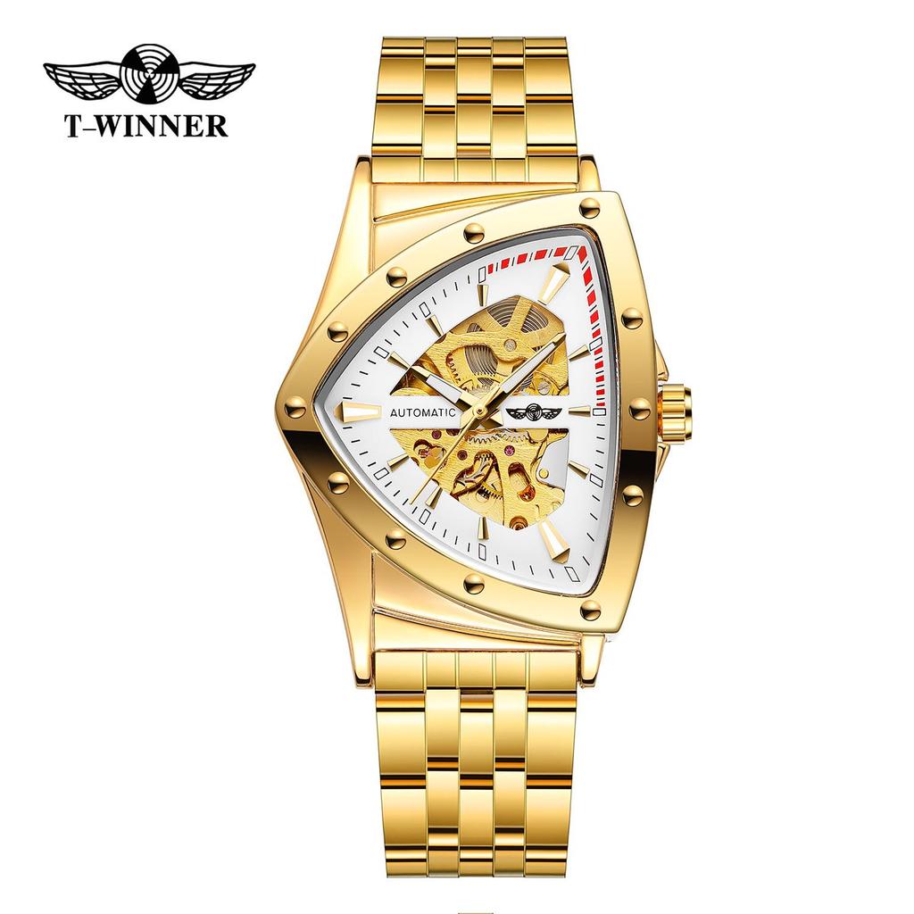 T-WINNER 8243 Mode Casual Driehoekig Skelet Automatisch Mechanisch Stalen Band Horloge