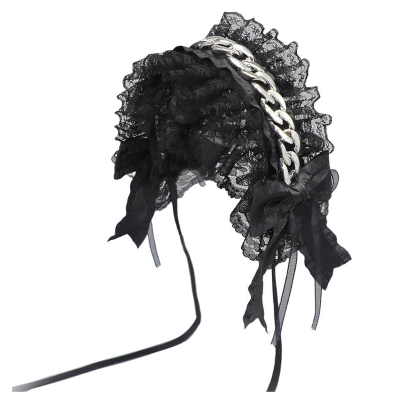 

Steampunk Style Hair Band Cloth Fabric Lace Headpiece With Metal Chain Detail For Harajuku Fashion Enthusiasts чорний