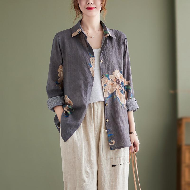 Women's Spring 2026 Literary Loose Print Long Sleeve Shirt with Turn-Down Collar