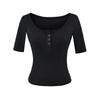 U-neck Button Mid-sleeved T-shirt Women's Summer New American Spice Girl Solid Color Slim-fitting and Thin Threaded Bottoming Top