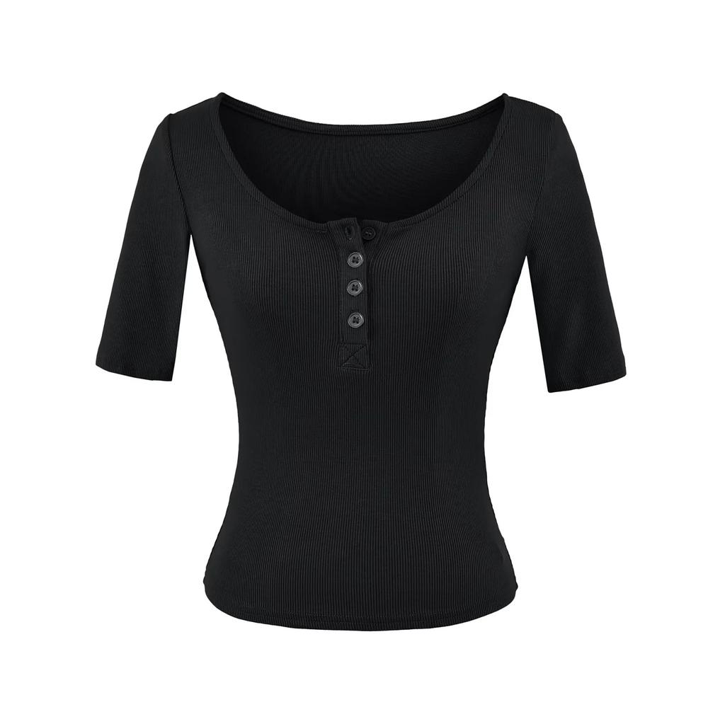 U-neck Button Mid-sleeved T-shirt Women's Summer New American Spice Girl Solid Color Slim-fitting and Thin Threaded Bottoming Top