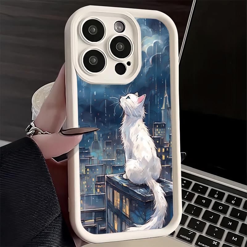 Phone Case for iPhone 17 Air 16E 15 16 Pro Max Healing Sense Cat Rain Cover 14 Plus 13 12 Mini Soft Shell Silicone Fundas