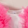 Baby Girl Long-Sleeve Ribbed Romper with Mesh Skirt Hem and Beaded Bow for Autumn and Winter