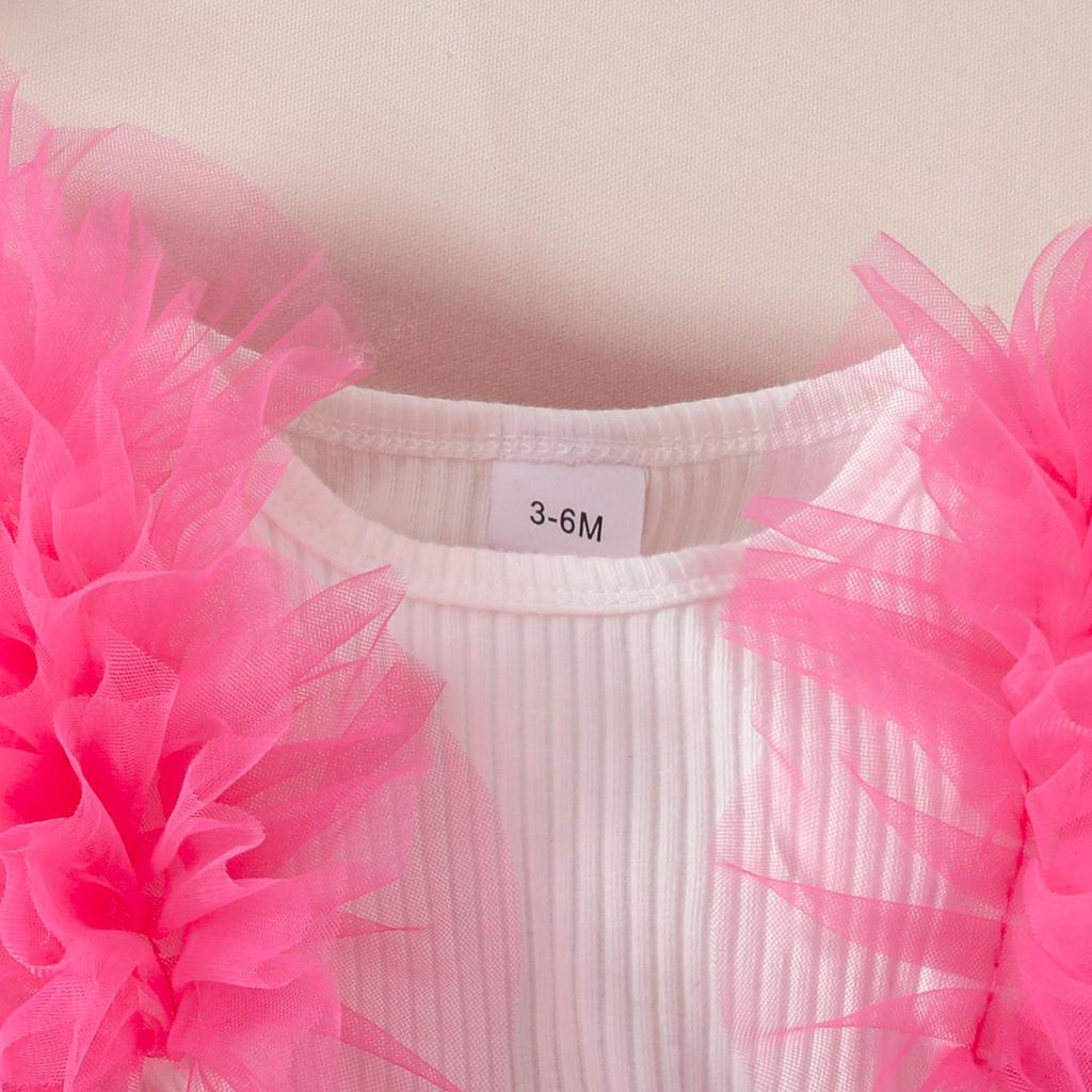 Baby Girl Long-Sleeve Ribbed Romper with Mesh Skirt Hem and Beaded Bow for Autumn and Winter
