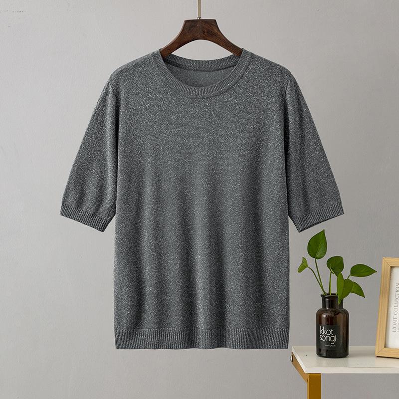 Sommer Damen Helles Seide Kurzarm Einfarbig Locker Dünn Rundhals Vielseitiges Halbarm Strick-T-Shirt