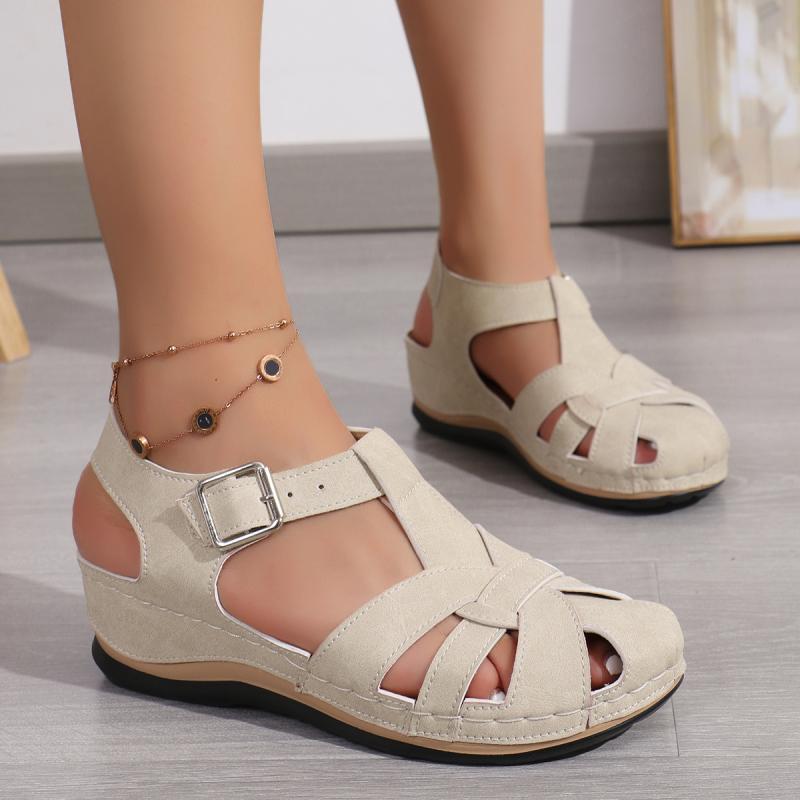 Casual Hollow Out Close Toe Gladiator Sandals Women 2025 Summer Round Toe Low Heel Ankle Strap Sandals Soft Sole Beige Shoes