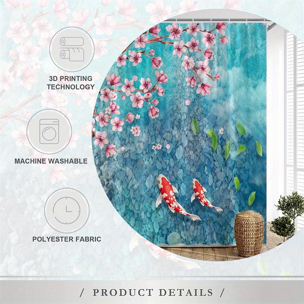 1 szt. Spokojna Sztuka Ryb Koi i Kwiatów Wiśni Zasłona Prysznicowa - Turkusowa Woda z Kwitnącą Sakurą, Żywe Pomarańczowe i Różowe Kwiatowe Des