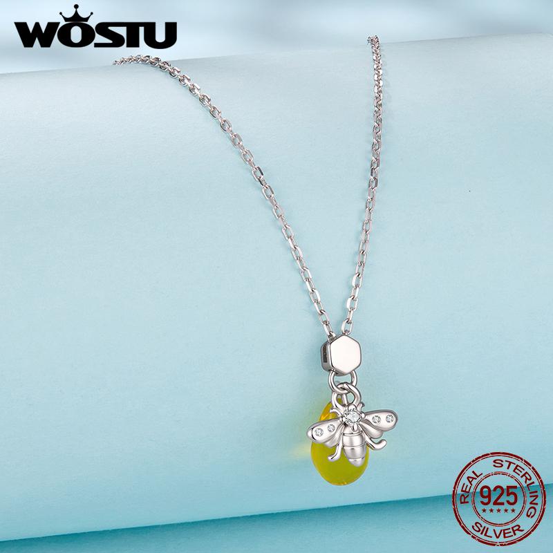 WOSTU 925 Sterling Silver Honey Bee Necklace for Women Honeycomb Pendant with Yellow Crystal CZ Dainty Birthday Jewelry Gift