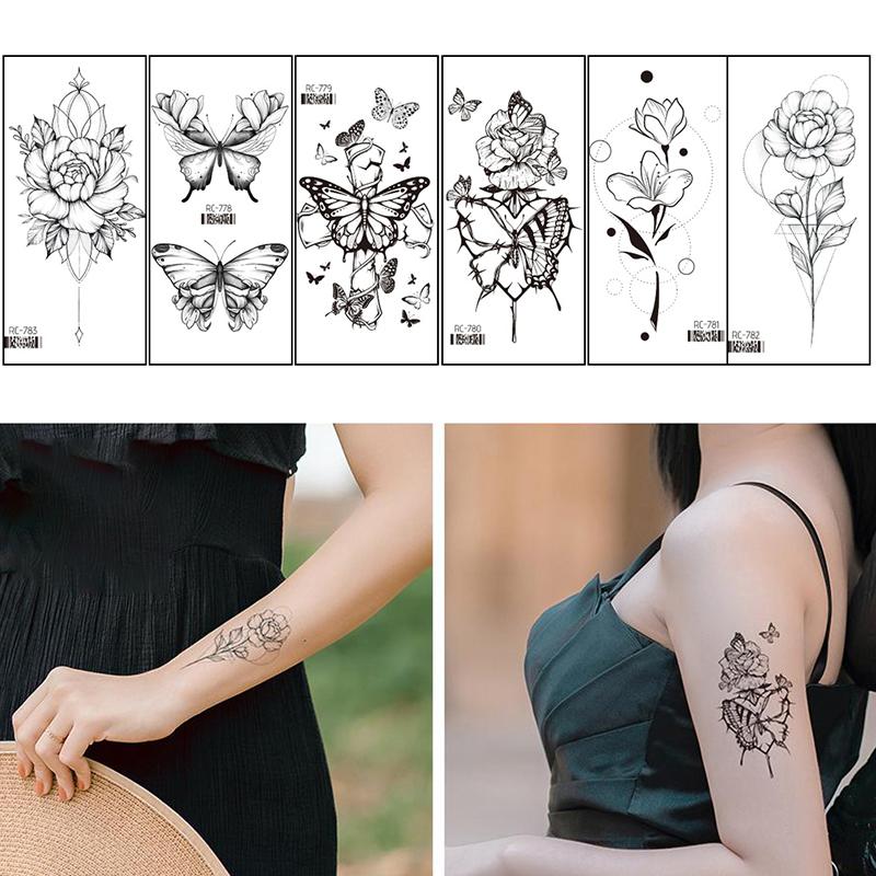 Waterproof Temporary Tattoo Stickers Black Butterfly Rose Transfer Flash Tatoo Women Sexy Neck Hand Chest Body Art Fake Tattoos