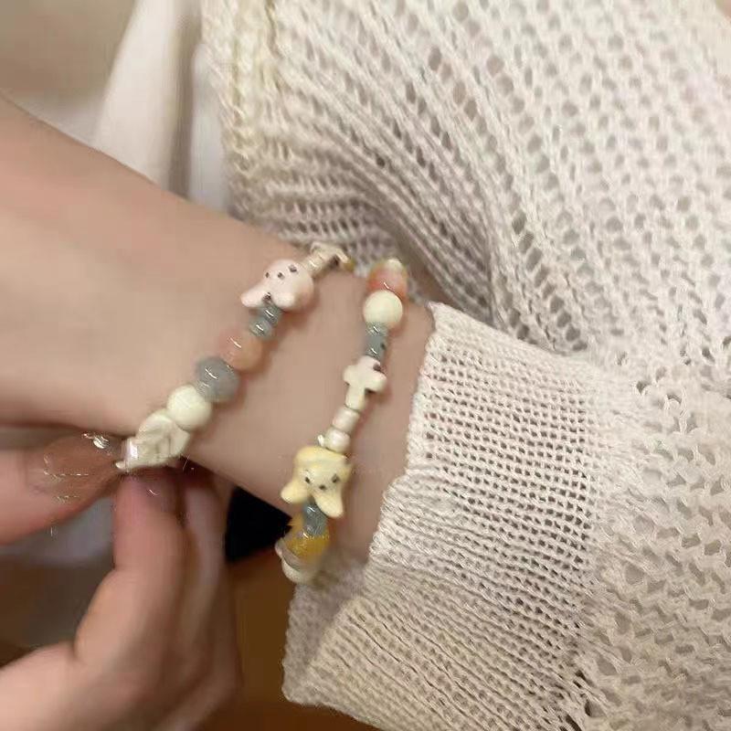 Pink Adorable Rabbit Ceramic Bead Bracelet Handcrafted Sweet Jewelry Summer