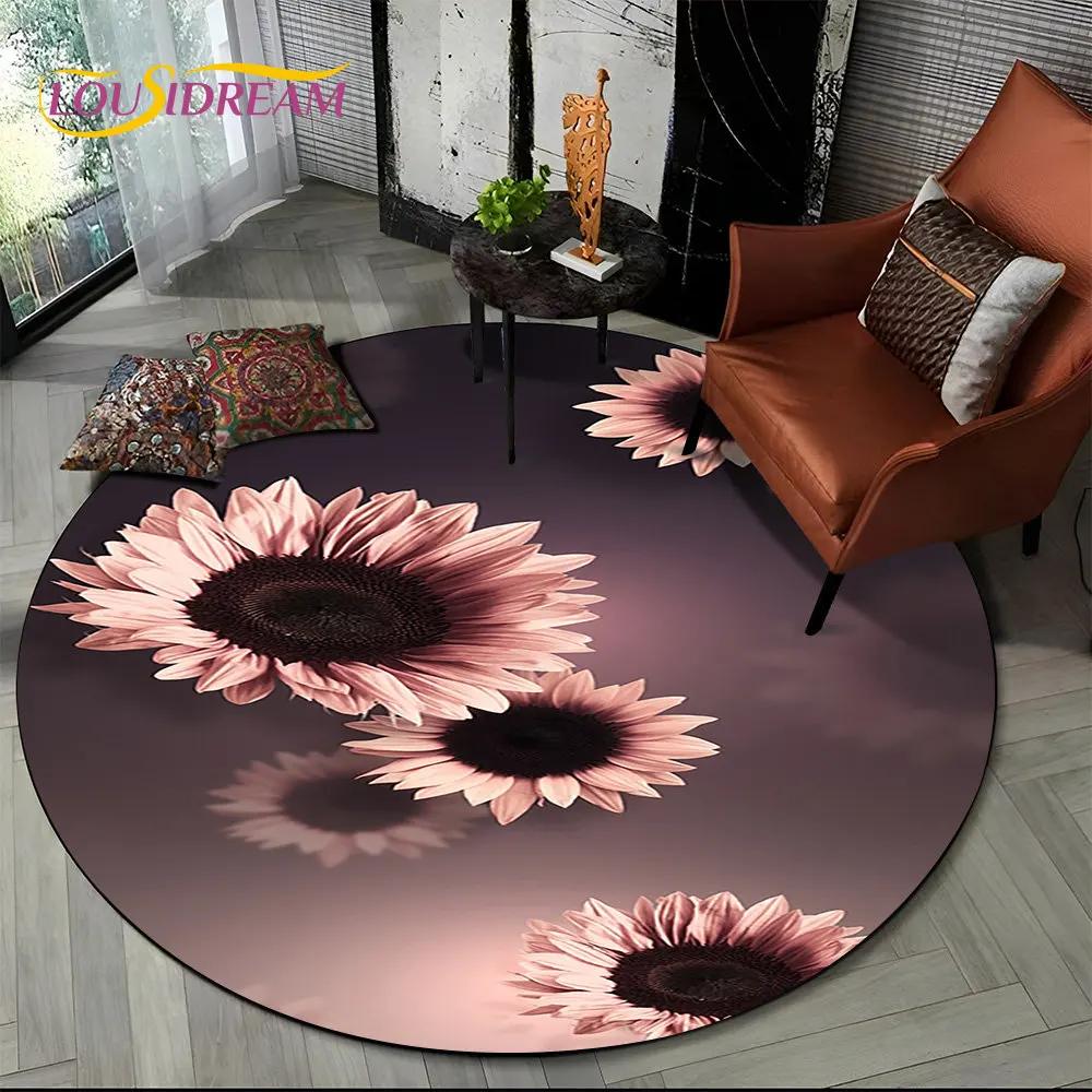 3D Daisy Nordic Flower Sunflower Round Area Rug,Carpet for Living Room Children's Bedroom Sofa Playroom Decor,Non-slip Floor Mat