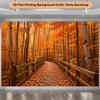 2D flat image, 1 piece, autumn forest wooden walkway scenery background, suitable for online stores and cafes