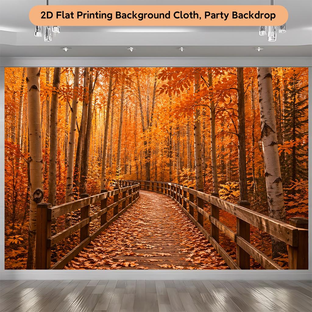 2D flat image, 1 piece, autumn forest wooden walkway scenery background, suitable for online stores and cafes
