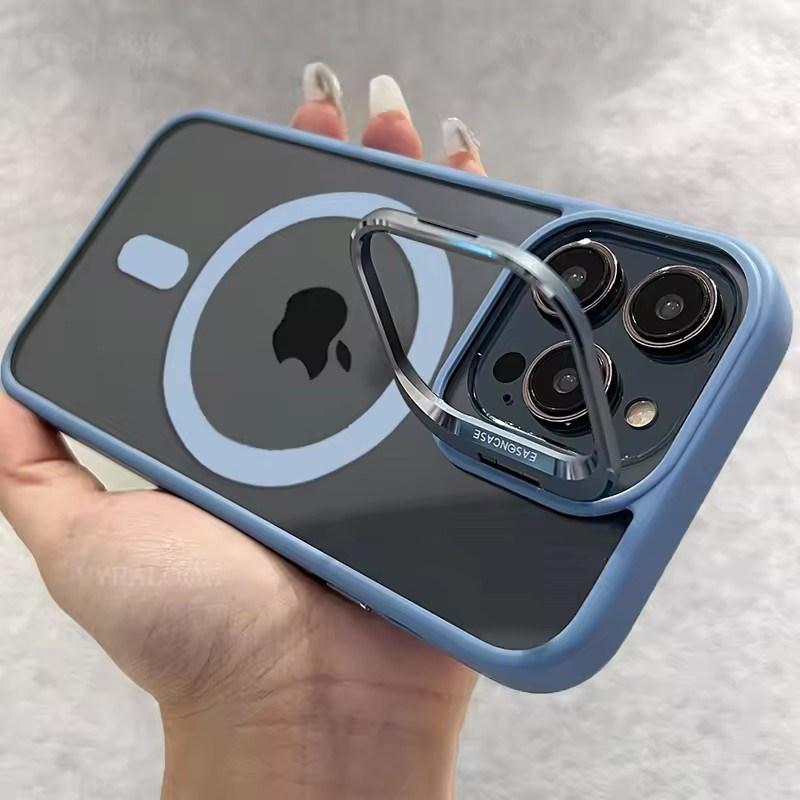 Metal Holder Phone Case For iPhone 17 16 15 14 13 12 11 Pro Max Plus Air For Magsafe Transparent Magnetic Lens Protection Cover