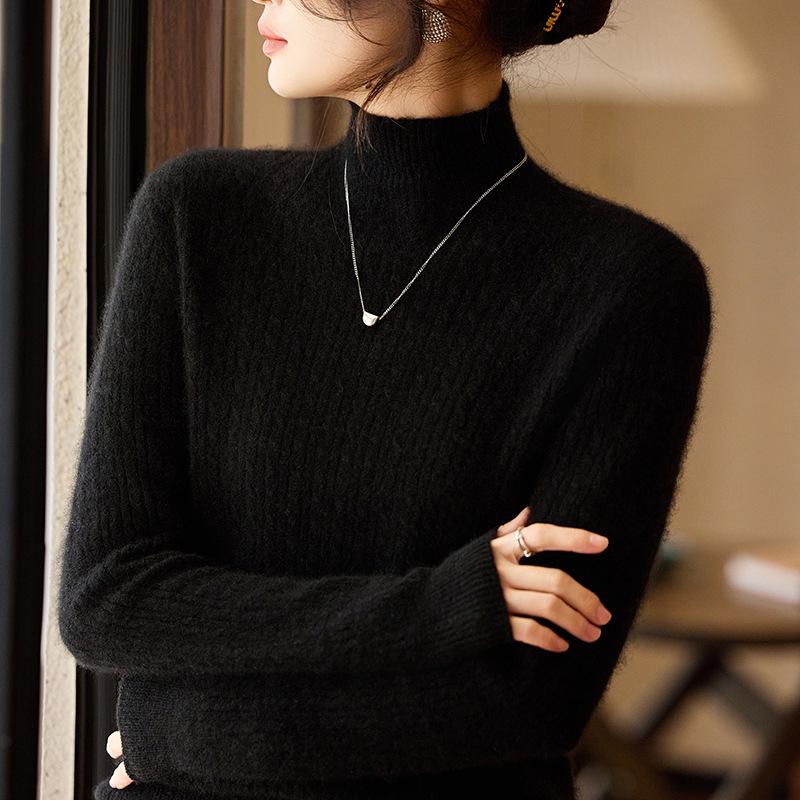Women's Pure Wool Cable Knit Half-High Neck Sweater - Versatile Autumn Layer Top