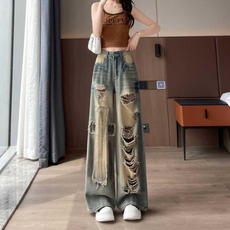 

Women s American Hot Girl Ripped Wide-Leg Patch Jeans - Distressed, Loose, Floor-Length Summer Pants 2XL