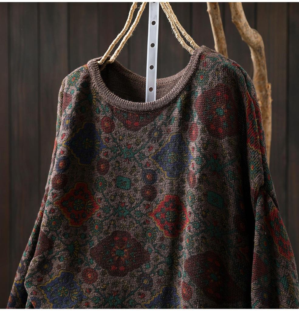 2025 Retro Ethnic Print Plus Size Women's Cotton Knit Sweater for Fall/Winter