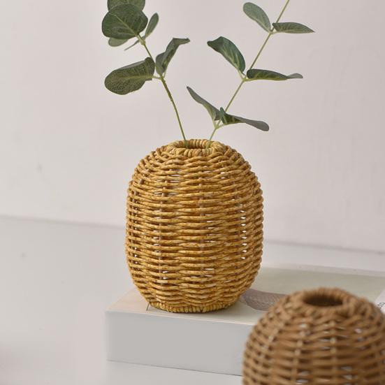 Woven Faux Rattan Vase Handmade Indoor Decorative Vase for Dried Artificial Flowers Rustic Farmhouse Boho Wicker Vase Basket for Table Centerpiece