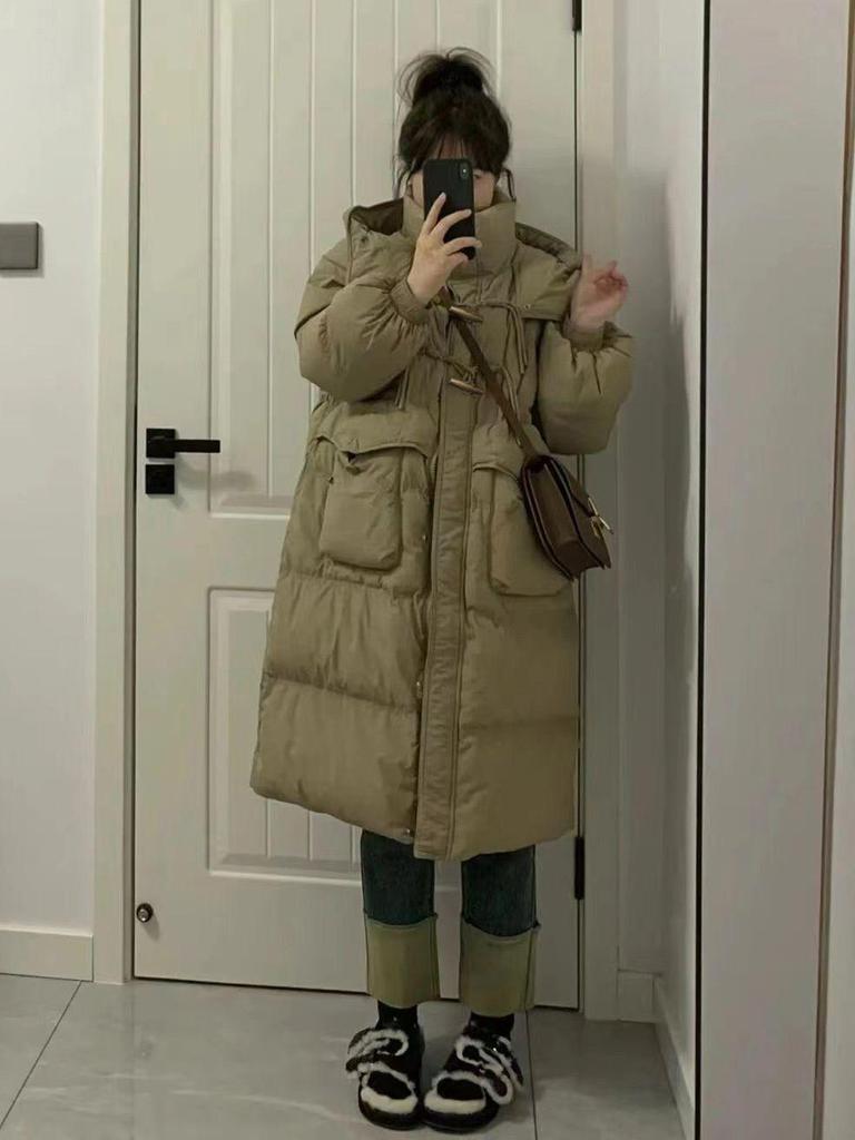 Damen Koreanischer Stil Kapuzen-Baumwollmantel lang, Übergröße, Taillenformend, Wintergefüttert, Über Knie-Länge