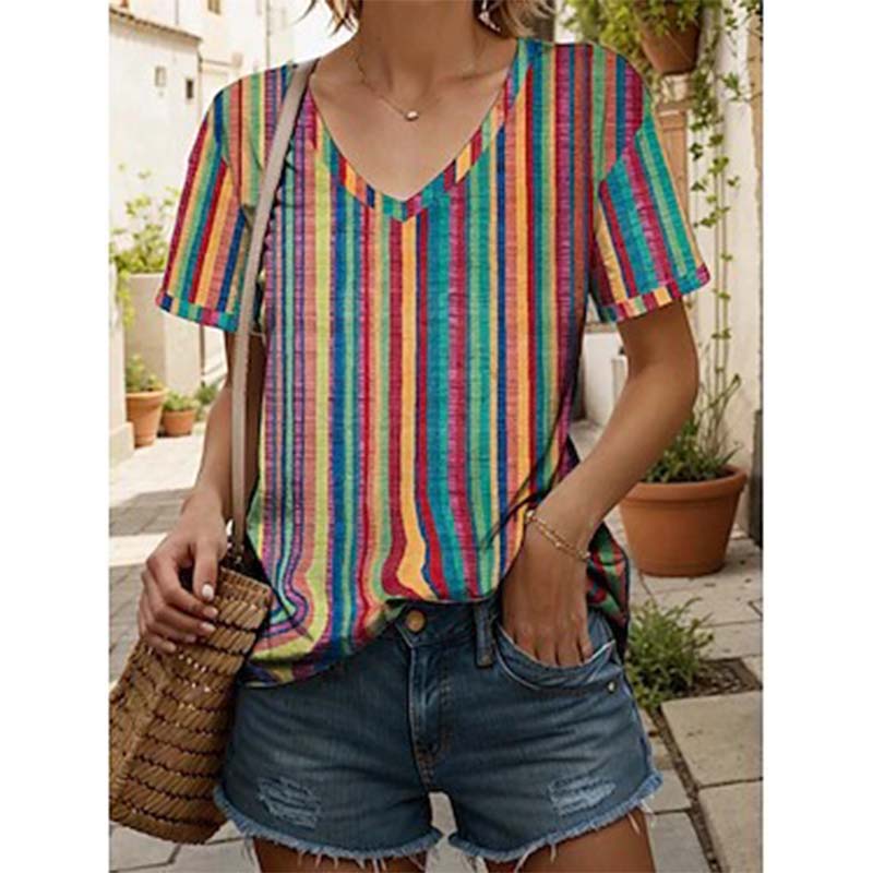 New Colorful Plaid Patchwork 3D Print T-Shirts Women's V-Neck Short Sleeve T Shirt Y2k Harajuku Tees Casual Tops Female Clothing