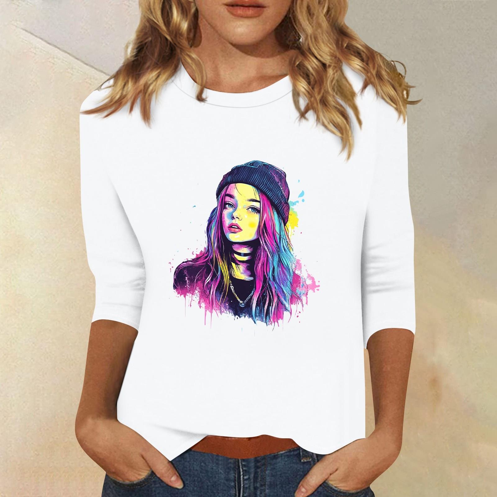 

Топи з рукавами 3/4 для жінок Футболка Повсякденні топи з принтом Футболка з круглим вирізом Пуловер Блуза L білий