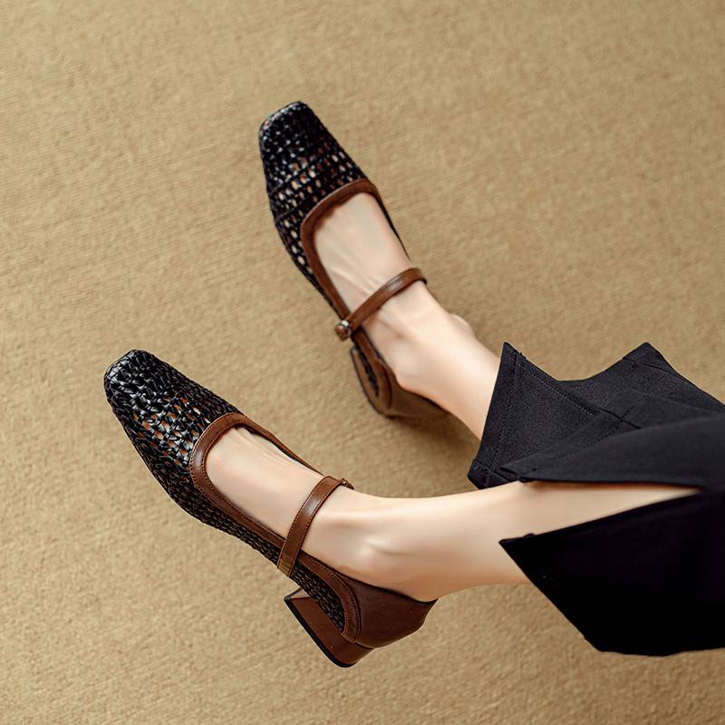 Krazing Pot Cow Skin Weaving Summer Size 41 Low Heels Party Shoes Women Square Toe Gladiator Hollow Out Pumps