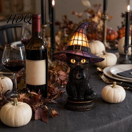 Halloween Room Decor Witch Hat Lamp Stained LED Light Table Lamp with Warm Glow Gothic Reading Nook Night Light for Bedroom Mantel Bookshelf