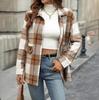 Mulheres Primavera Outono Xadrez Lanterna Manga Longa Lã Jaqueta Camisa Blusas Colarinho Virado para Baixo Abotoamento Simples Solto Chique Cardigã Grosso S-XL