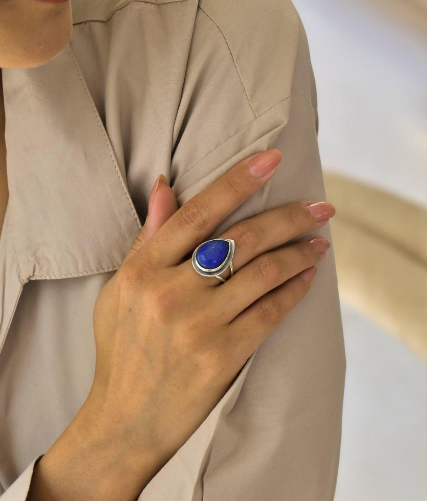 Natural Lapis Lazuli teardrop bohemian ring Silver oxidized handmade jewelry women pear cut blue stone Healing crystals statement jewelry