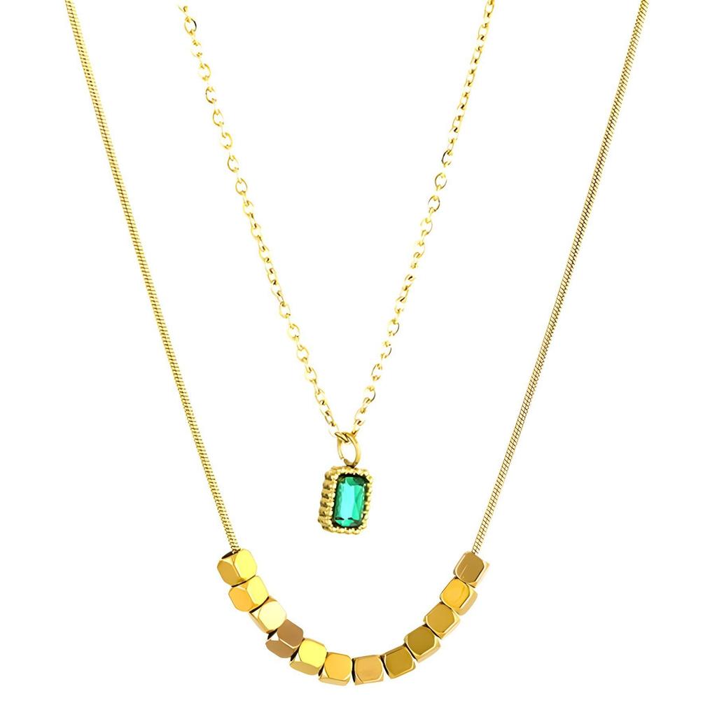 Square Pendant Cubic Zirconia Baroque Double-Layer Necklace: Women's Stackable Titanium Steel Jewelry with Lace Design and Beaded Accents