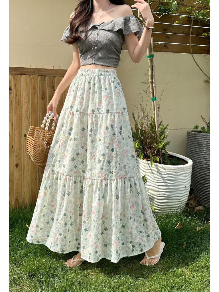French Floral High-Waisted A-Line Skirt - Summer Fresh Mid-Length Skirt