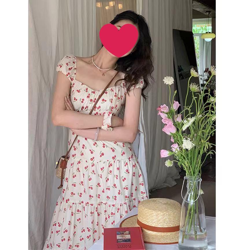 Cherry French Summer Floral Fairy Dress: Sweet, Gentle, Fresh Long Design