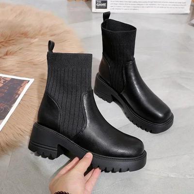 Large Size Women's Boots New Fashionable Knitted Patchwork Fashion Boots Thick Sole Thick Heel Slimming Short Boots