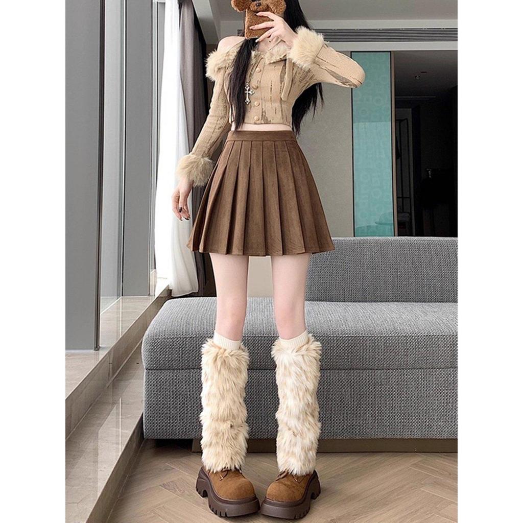 Plus Size Pleated Mallard Brown Suede Skirt - High Waist, Anti-Exposure, Short Skirt for Spring/Autumn