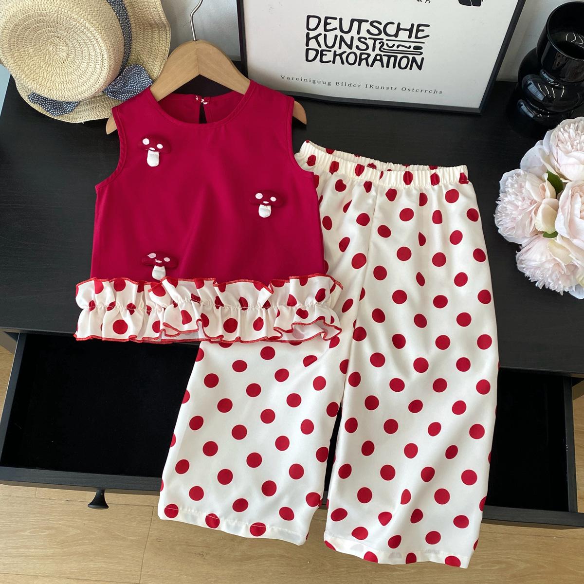 

Girls Cute Red Mushroom Polka Dot Vest & Wide-Leg Pants Summer Two-Piece Set 2-3Y/100 красный