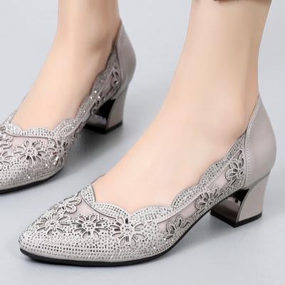 Spring and Summer Single Shoes Women's Pointed Fashion Rhinestone Mesh Sandals Hollow Mid-heel Shallow Mouth Women's Shoes