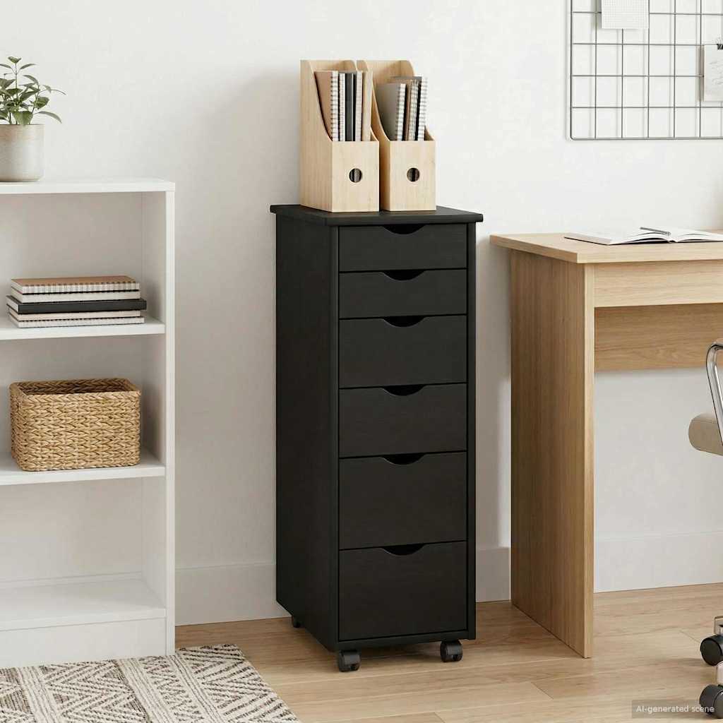 Rolling Cabinet with Wheels Black 34 x 39 x 93.5 cm Solid Pine Wood