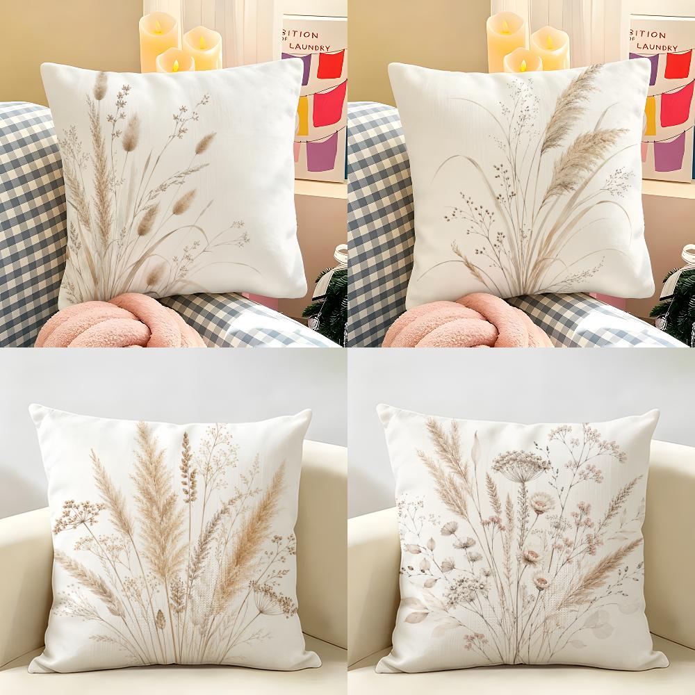 Boho Neutral Pressed Wildflower Cushion Cover Natural Linen Fabric Double-Sided Printing Breathable Perfect For Home Decor