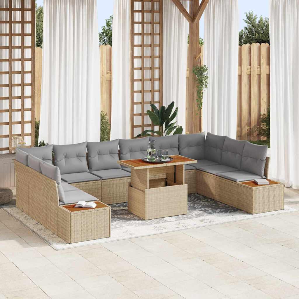 Garden Sofa Set with Storage 11 Piece Beige Poly Rattan