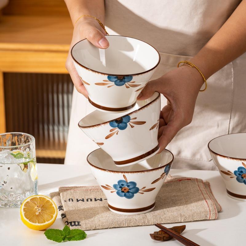 Hand painted rui blue hat bowl household ceramic tall rice bowl noodle bowl fruit bowl salad bowl