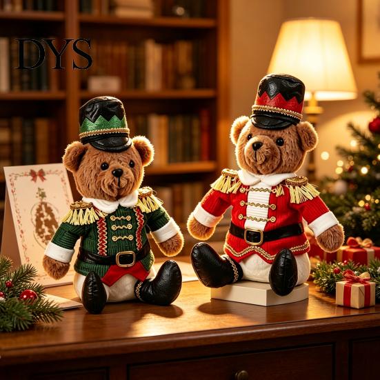 Winter Holiday Fireplace Decoration Christmas Soldier Bear Nutcracker Plush Figurine, Red Green Uniform Sitting Decor Doll for Home, Soft Stuffed